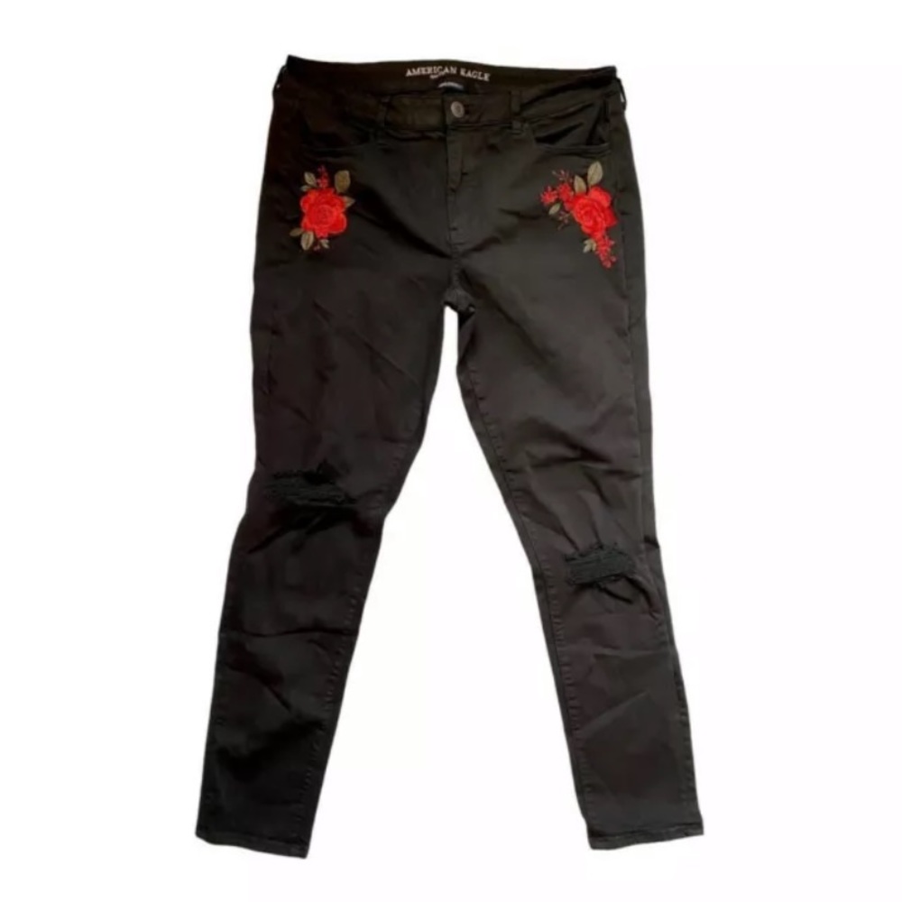 American Eagle High Rise Jeggings Black Red Floral